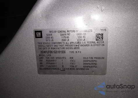 2016 Chevrolet Equinox Lt из США, поврежденный, VIN 2GNFLFEK1G6181956